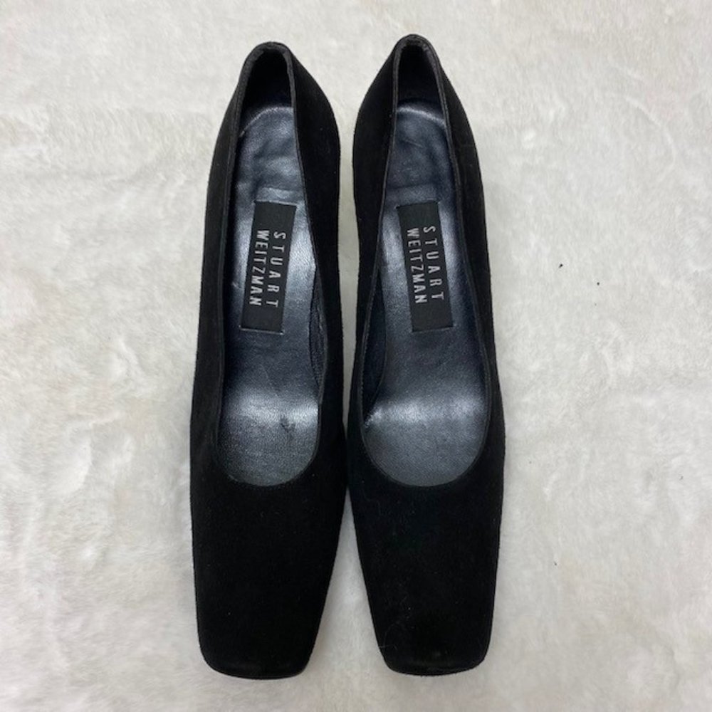 90's Stuart Weitzman Square Toe Black‎ Suede Pumps w/Black Lucite Plastic Heels